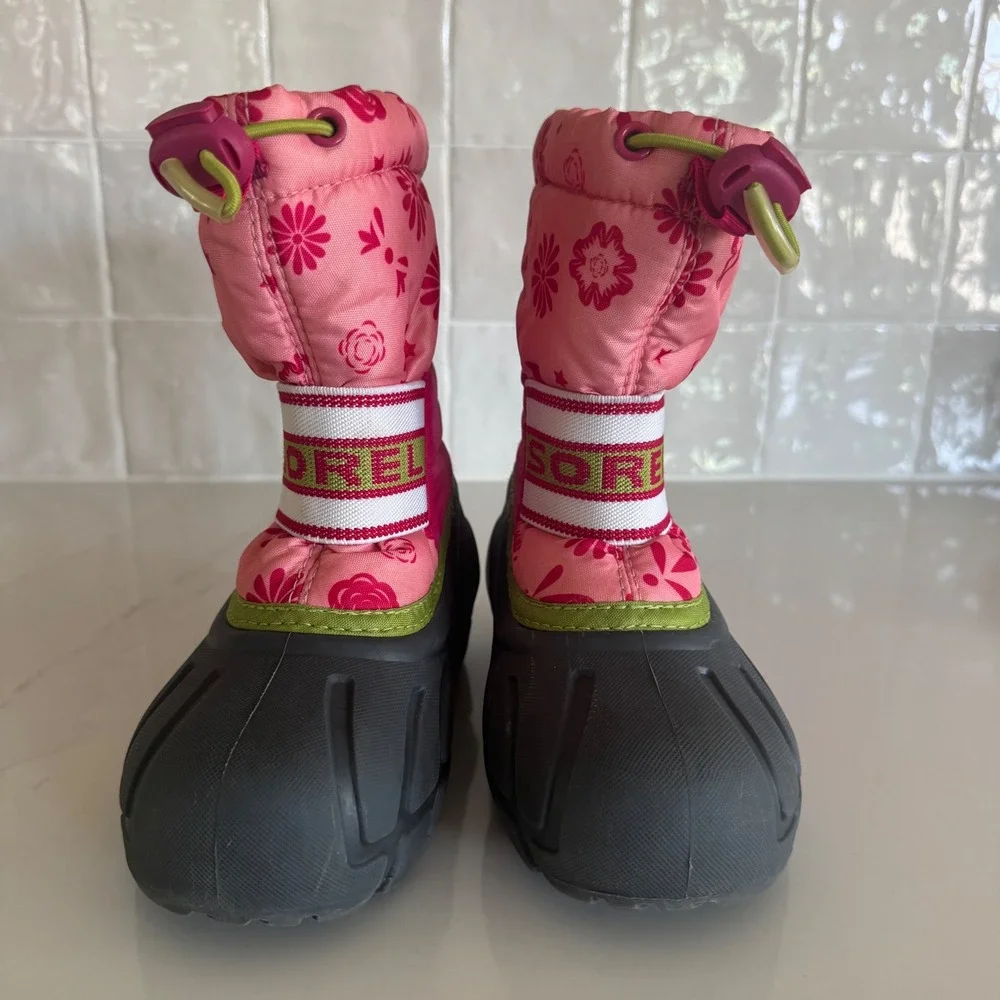 Sorel Snow Commander Boots Girls 10 Pink Floral‎ Waterproof Insulated